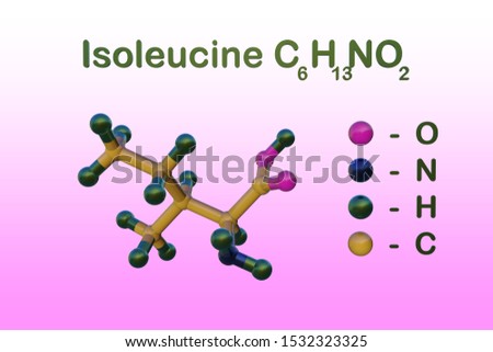 Structural chemical formula and molecular model of l-isoleucine or isoleucine, an amino acid used in the biosynthesis of proteins. Scientific background. 3d illustration
