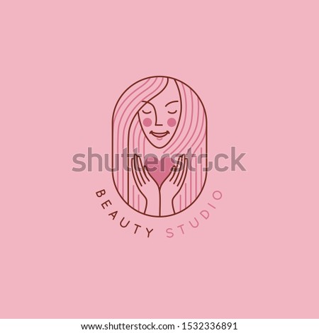 Vector abstract logo design template in trendy linear minimal style, emblem for beauty studio and cosmetics - female portrait, beautiful woman's face - badge for make up artist, fashion stylist