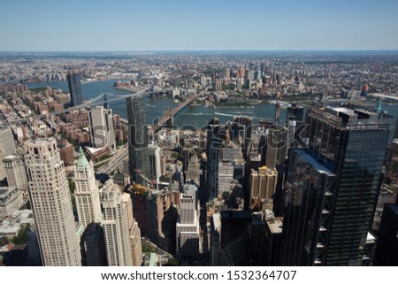 Aerial view of the Manhattan Bridge, Brooklyn bridge over the Hudson river, NYC, USA