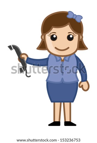 Woman Holding a Phone Receiver - Business Cartoons Vectors