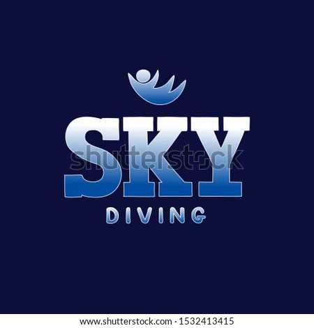 Skydiving, bodyflying hand drawn lettering logo, emblem with silhouette of person. White blue vector illustration.