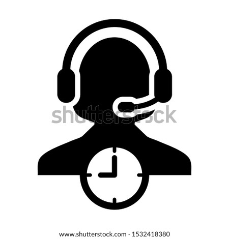 Support icon with clock symbol and female customer care support business service person profile avatar with headphone for online assistant in glyph pictogram illustration