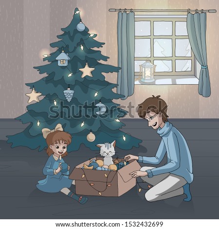 Dad and daughter unpack a box with Christmas tree toys in a festively decorated room. Cat sitting in a box. Vector illustration. Decor element for gift card and kids products. Family life scene.