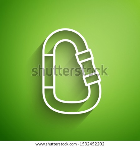 White line Carabiner icon isolated on green background. Extreme sport. Sport equipment.  Vector Illustration