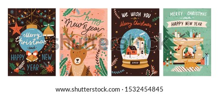 Festive xmas greeting cards vector templates set. Merry christmas and happy new year postcards, posters designs pack. Traditional winter holiday symbols hand drawn illustrations with typography.
