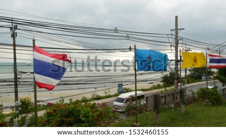 Waving flags along seaside in cloudy day. Colorful flag of Thailand and Royal Family along coast on overcast day. Mess of electrical wiring on background. Symbols of country and Thai nation