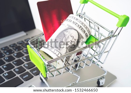 E-commerce concept with dollars, sopping cart, credit card and laptop on white background