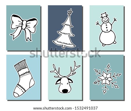 Doodle Christmas cards Set. Cute hand drawn design elements for poster, baner, invitation card. Merry Christmas and New Year symbols. Vector illustration