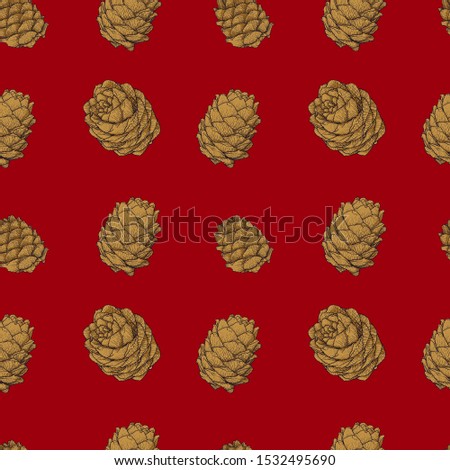 Cedar cones seamless pattern. Colorful vector illustration of cedar cones in engraving technique. Isolated on red background.