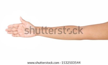Female asian hand gestures isolated over the white background. 