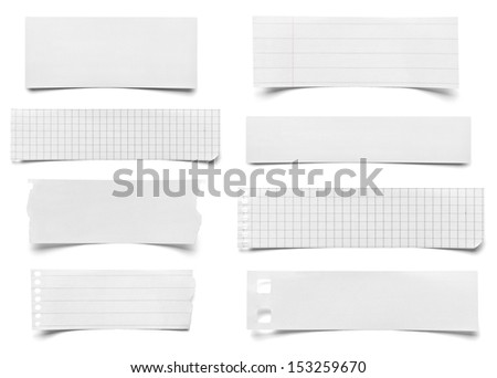 collection of various pieces of note paper on white background. each one is shot separately