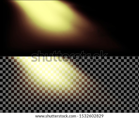 Vector yellow realistic rays of light. Bright stage lighting