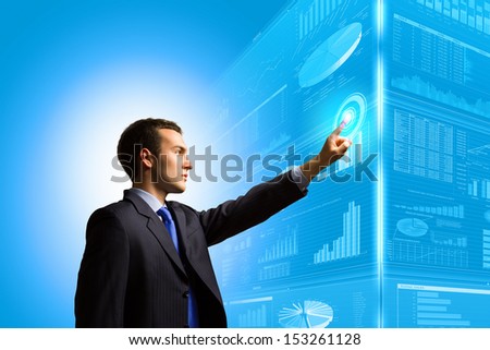 Image of businessman pushing icon of media screen. Marketing concept