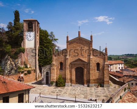 Drone aerial view of the parish church of Ozzano Monferrato