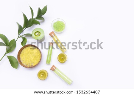 Spa setting on white background. Flat lay top view border space for text


