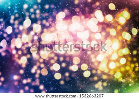 Color Festive background with natural bokeh and bright golden lights. Vintage Magic background