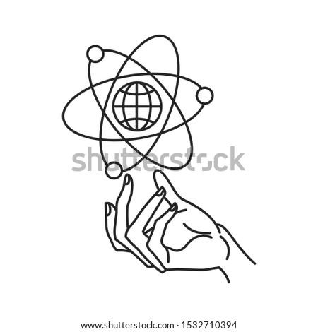 Small globe hovering over hand. Outline thin line illustration. Isolated on white background. 
