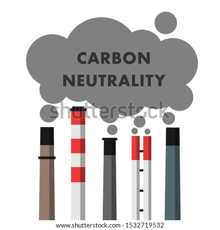 Carbon neutrality - industrial chimney and smokestack are producing exhaust, fume, emission and smoke. Vector illustration isolated on white.  Royalty-Free Stock Photo #1532719532