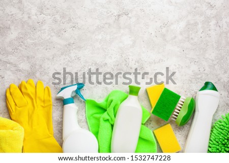 cleaning products household chemicals spray brush sponge glove