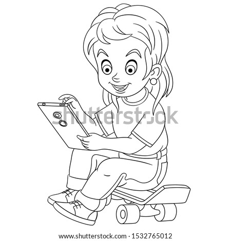 Coloring page. Coloring picture. Cartoon girl browsing the tablet. Urban street lifestyle of teenagers. Childish design for kids activity colouring book about childhood.