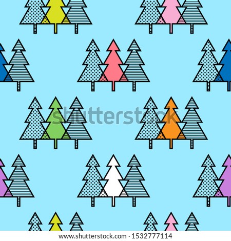 Geometric Christmas trees triangles polka dots and stripes  vector seamless pattern. Blue background.