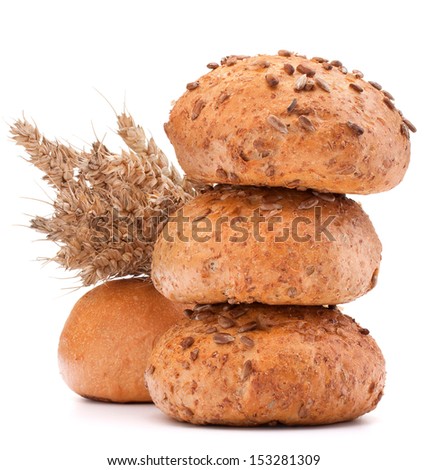 hamburger bun or roll  and wheat ears bunch  isolated on white background cutout