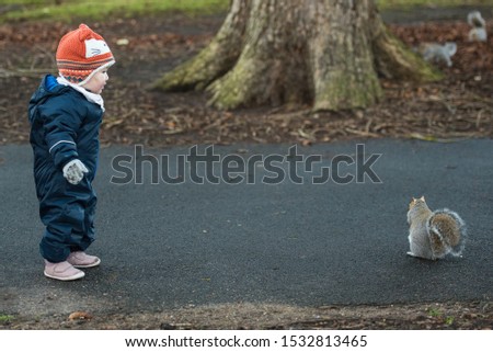 An Asian baby wearing a winter jumpsuit, gloves and a fox hat stands and stares at a brown squirrel as the animals eats near a tree In Princes Street Gardens, Edinburgh, Scotland, United Kingdom