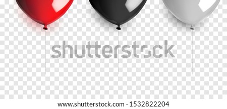 Set of balloons with ropeon on transparent background. Realistic 3D reflective vector illustration
