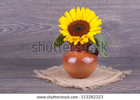 Flower of sunflower in a vase on a wooden background.
