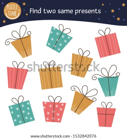 Find two same presents. Holiday matching activity for preschool children. Funny Christmas or Birthday game for kids. Logical quiz worksheet