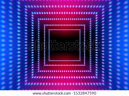 Abstract neon square with grid of glowing lights on th violet background