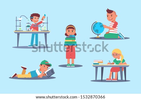 Primary school education vector illustrations set. Happy little schoolchildren, schoolmates cartoon characters. Smart little girls and boys. Children studying chemistry, geography and literature