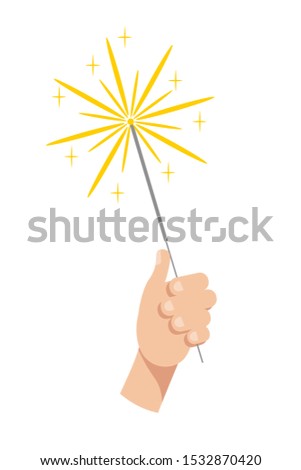 Burning sparkler in hand flat vector illustration. Christmas bengal light isolated clipart on white background. New year celebration design element. Birthday party, festive glittering sparkler