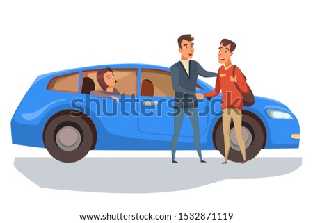 Automobile purchase flat vector illustration. Young couple and smiling, salesman cartoon characters. Car sharing, rental service design element. Man buying auto, dealer and buyer shaking hands