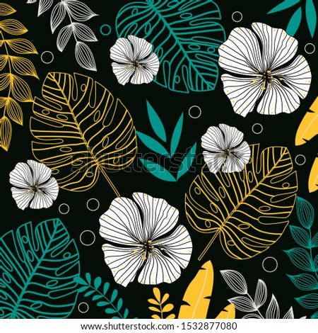 Dark background with tropical leaves and flowers. Exotic wallpaper, Hawaiian style. Trendy hand drawn textures. Vector template. Summer background with exotic leaves.
