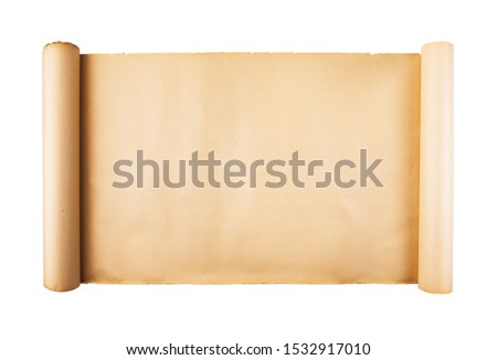 Old stressed paper scroll on white background isolated. Horizontal background, empty space, room for text, copy, lettering, map.