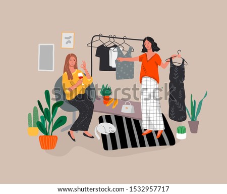 Girls choose outfits in wardrobe, drink wine and laugh, shopping and relaxing. Daily life and everyday routine scene in scandinavian style cozy interior with homeplants. Cartoon vector illustration