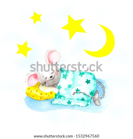 Freehand watercolor drawing. Gray mouse sleeps on a yellow pillow and hides with a green blanket. Yellow stars and the moon shine in the sky above the rat. Concept for baby sleep, dreams, christmas