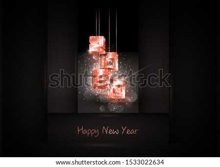 2020 Happy New Year banner with hanging pink gold 3d numbers 2020 on luxury black geometric background. Fashion party, vector illustration with Golden particles, sparkle stardust. Place for text