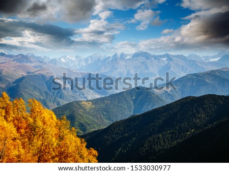 Beautiful view in high Caucasus mountains on sunny day. Location place of Mt. Ushba, Upper Svaneti, Mestia, Georgia, Europe. Image of exotic scenery, nature wallpapers. Discover the beauty of earth. 