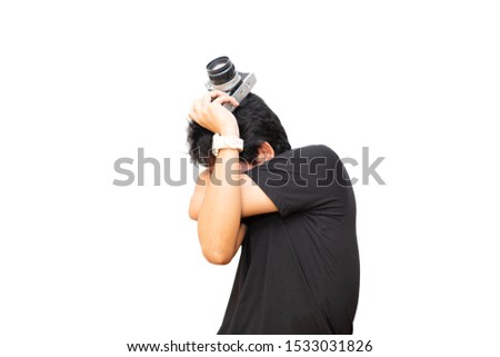Young asian man photographer in Black shirt with vintage camera on isolated background