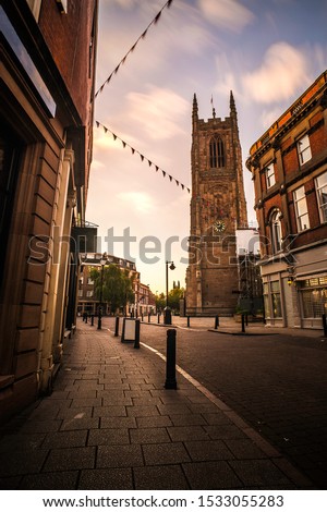 Derby City Center at sunset with cathedral in St peter's Quarter Royalty-Free Stock Photo #1533055283