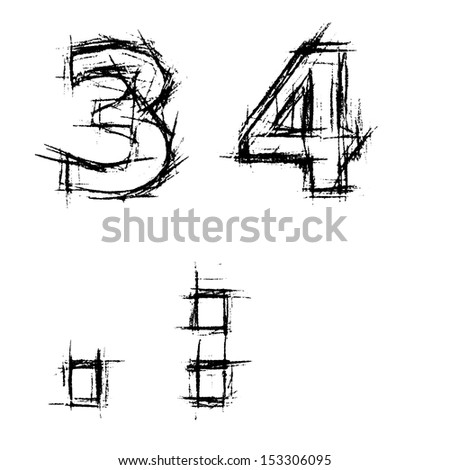 Black ink color font (alphabet letters, digits, signs) made in pencil stroke or engraving style are isolated on white background