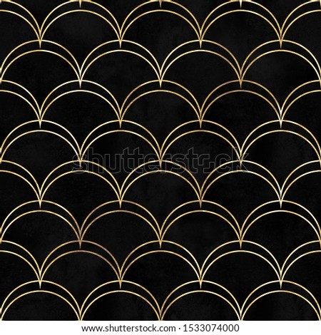 Mermaid fish scale wave japanese magic seamless pattern. Watercolor hand drawn black background with gold contour. Watercolour scale shaped texture. Print for textile, wallpaper, wrapping.