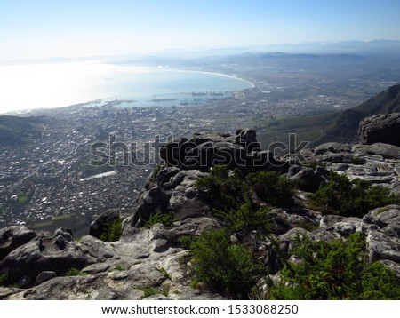 The city and suburbs surrounding Table Bay, Cape Town, viewed from Table mountain.