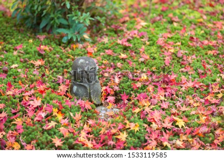 Small smile Jizo stone sculpture  on the moss land covered by red maple leaves in autumn, at Enkoji Temple, Kyoto, Japan