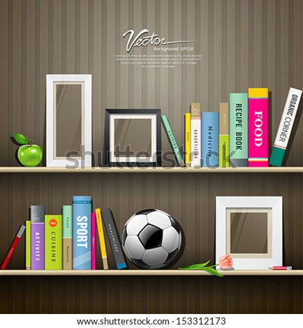 Row of colorful books, soccer ball, border frame, and green apple on shelf, vector illustration