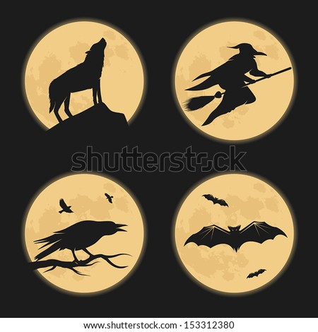 Halloween characters moonlight silhouettes