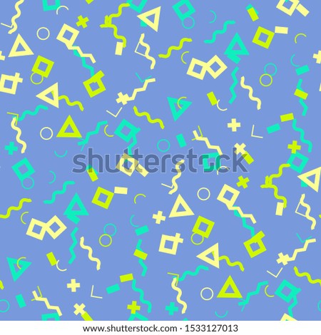 Seamless Memphis Background. Abstract Color Texture with Lines and Geometric Figures for Cotton, Print, Textile. Vintage Seamless Multicolor Background in Memphis Style for your Design. Vector.