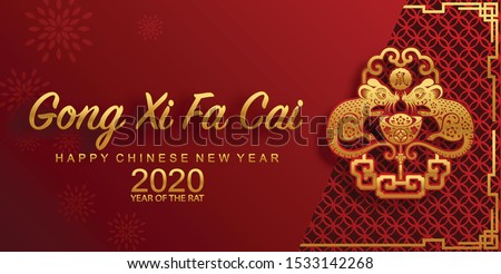 Chinese new year 2020 year of the rat ,red and gold paper cut rat character,flower and asian elements with craft style on background. 
(Chinese translation : Happy chinese new year 2020, year of rat)